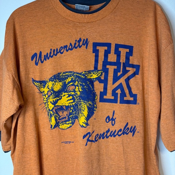 RARE Vintage UK Kentucky Wildcats 80s Graphic T-Shirt Double Collar Orange Blue - Picture 1 of 8